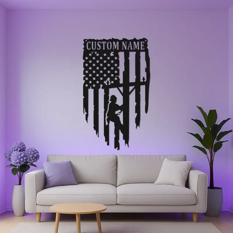 Bandera americana personalizada para liniero | Decoración mural de metal LED para electricistas | Regalo patriótico para trabajador de servicios públicos | Cartel con nombre personalizado