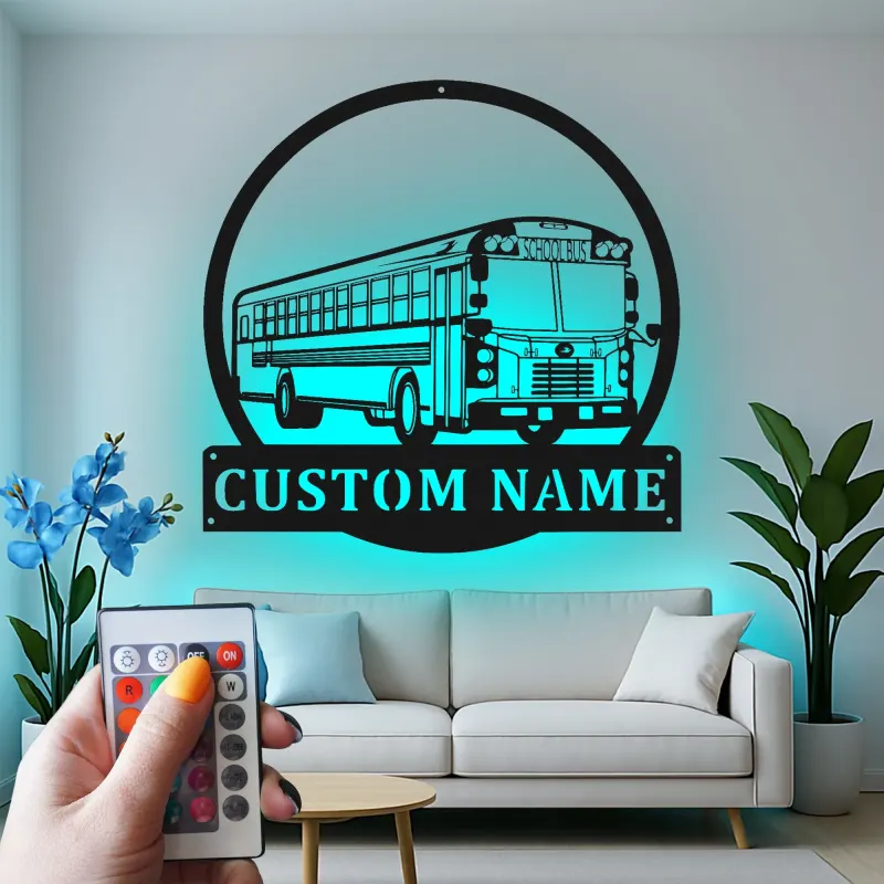Cartel de metal LED personalizado de autobús escolar | Regalo personalizado para conductor de autobús | Decoración mural retro de transporte | Decoración de garaje iluminada