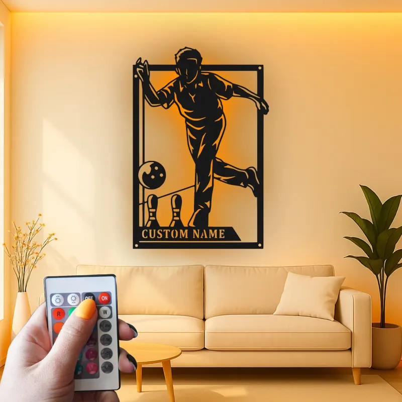 Insegna in metallo personalizzata con luce LED per giocatori di bowling - Regalo personalizzato per appassionati di bowling e decorazione per sale giochi