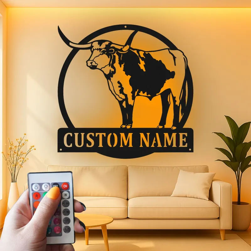 Custom Texas Longhorn Sign | LED Metal Wall Art for Ranch Decor | Personalized Farmhouse Cattle Gift