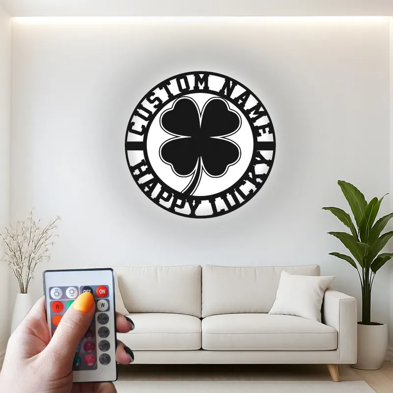 Décoration murale en métal personnalisée en forme de trèfle à quatre feuilles avec rétroéclairage LED - Cadeau irlandais pour la Saint-Patrick