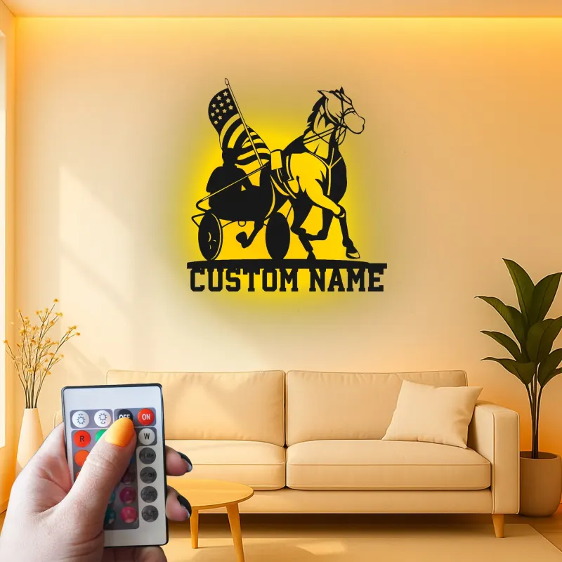 Harness Racing LED Metal Sign | Personalized Equestrian Wall Art | Custom Horse & USA Flag Stable Decor | Horse Lover Gift