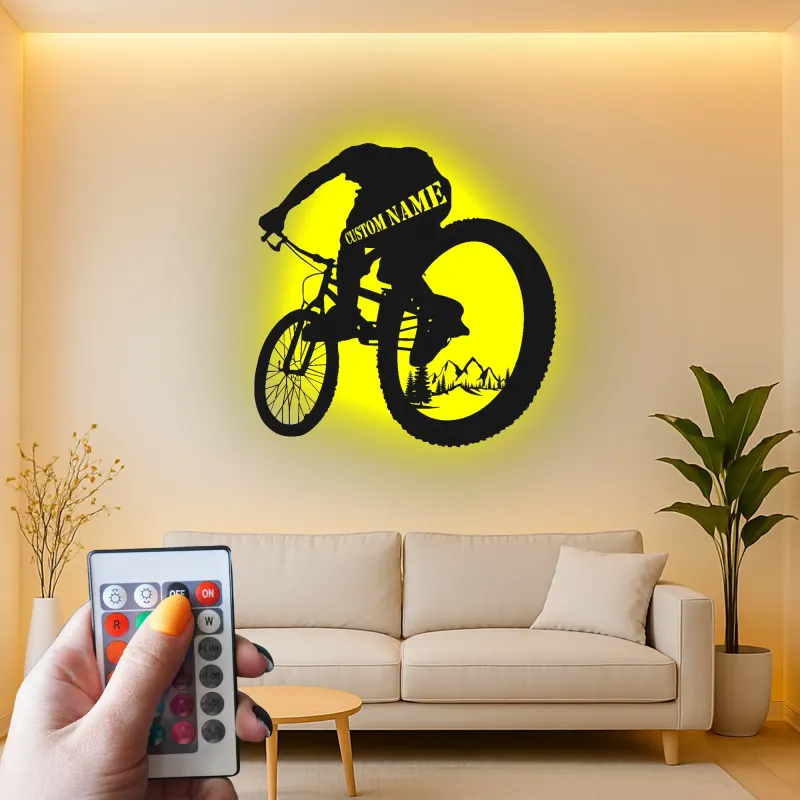 Insegna in Metallo per Mountain Biker Personalizzata | Arte da Parete LED per Ciclisti | Regalo per MTB e Decorazione Garage