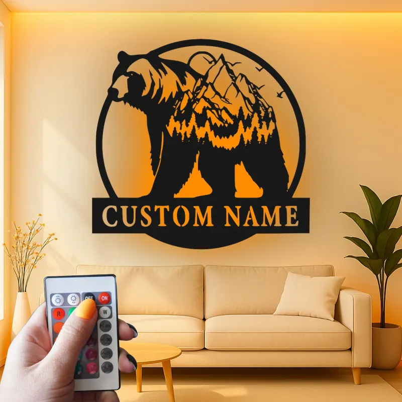 Cartel de metal personalizado con luz LED de oso y montaña, regalo para amantes de la naturaleza, decoración de cabaña o refugio