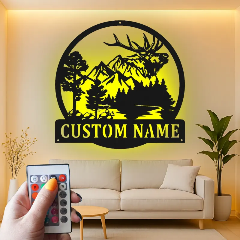 Custom Elk Mountain Scene Led Light Metal Wall Art Personalized Gift for Nature Lovers Cabin or Lodge Decor