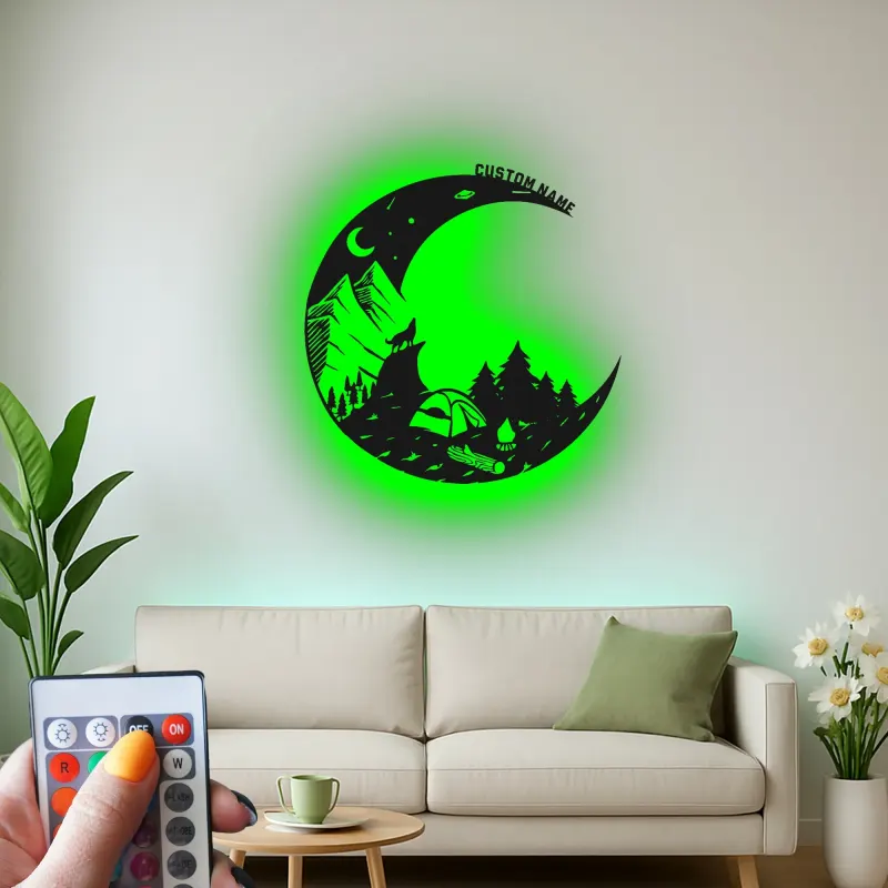 Insegna in metallo LED personalizzata con scena di campeggio regalo per appassionati di outdoor decor per cabin rustica