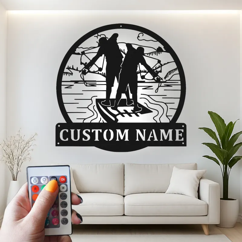 Insegna in metallo da pesca su misura | Arte murale LED personalizzata per casa al lago e baita | Regalo per pescatore
