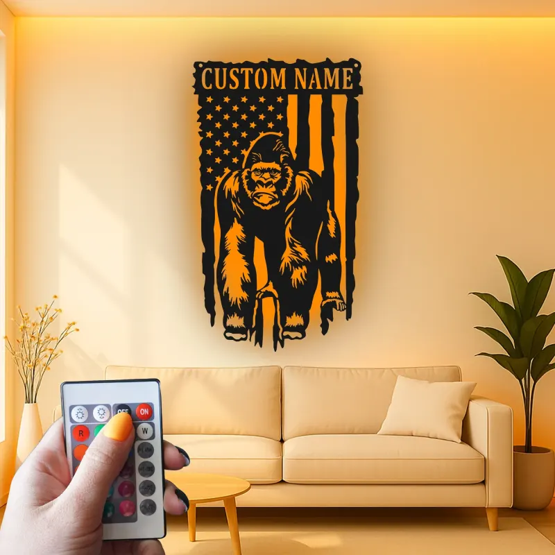 Panneau en métal personnalisé gorille | Décoration murale LED drapeau américain | Déco personnalisée pour man cave | Cadeau pour amoureux de la faune