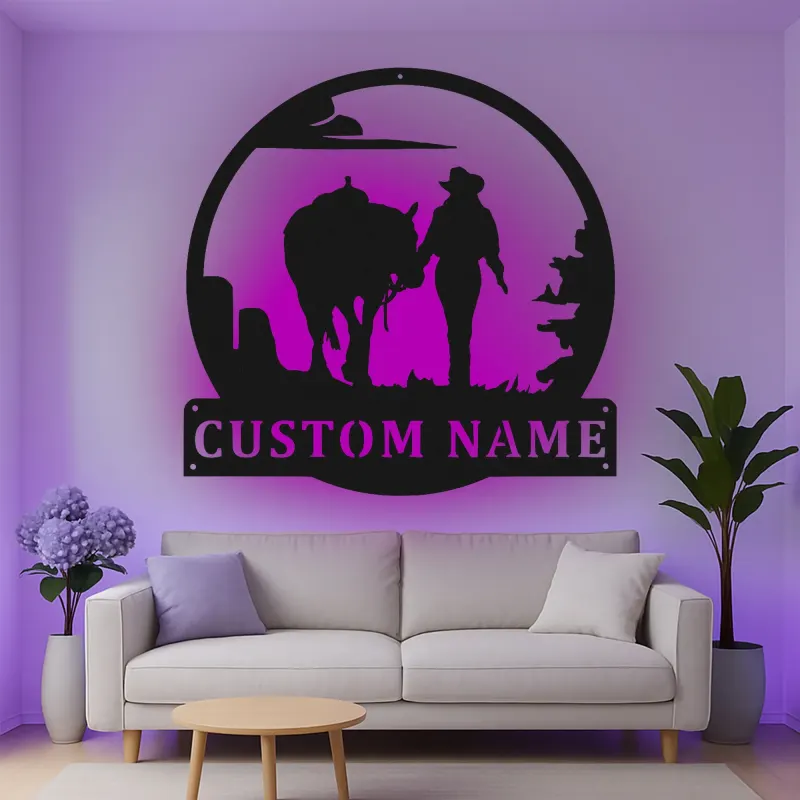 Insegna in metallo LED personalizzata con cowboy e cavallo - Regalo western per lui, decorazione rustica per ranch