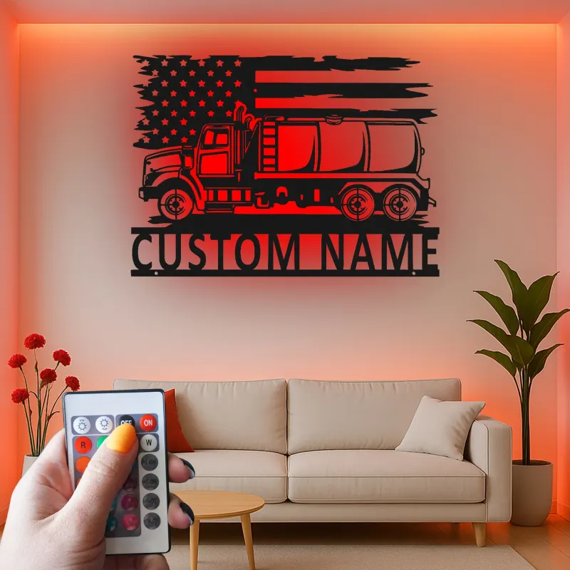Panneau LED Trucker Personnalisé | Décoration Murale en Métal de Camion Citernes Personnalisée | Décor de Garage Drapeau Américain pour Papa