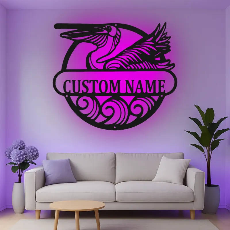 Custom Pelican Led Light Metal Wall Art Coastal Home Gift Personalized Beach House Decor
