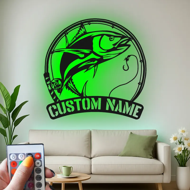 Insegna LED da pesca personalizzata | Insegna in metallo personalizzata | Decorazione con nome del pescatore per casa al lago e baita, idea regalo