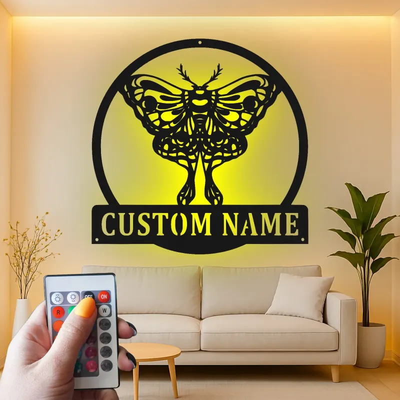 Cartel de metal LED con polilla, regalo personalizado para amantes de la naturaleza, decoración de dormitorio o sala de estar