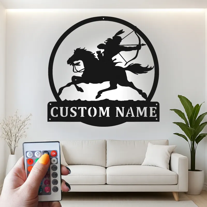 Letrero personalizado de arquero a caballo | Arte mural LED de metal personalizado | Regalo ecuestre para jinete | Decoración rústica para el hogar