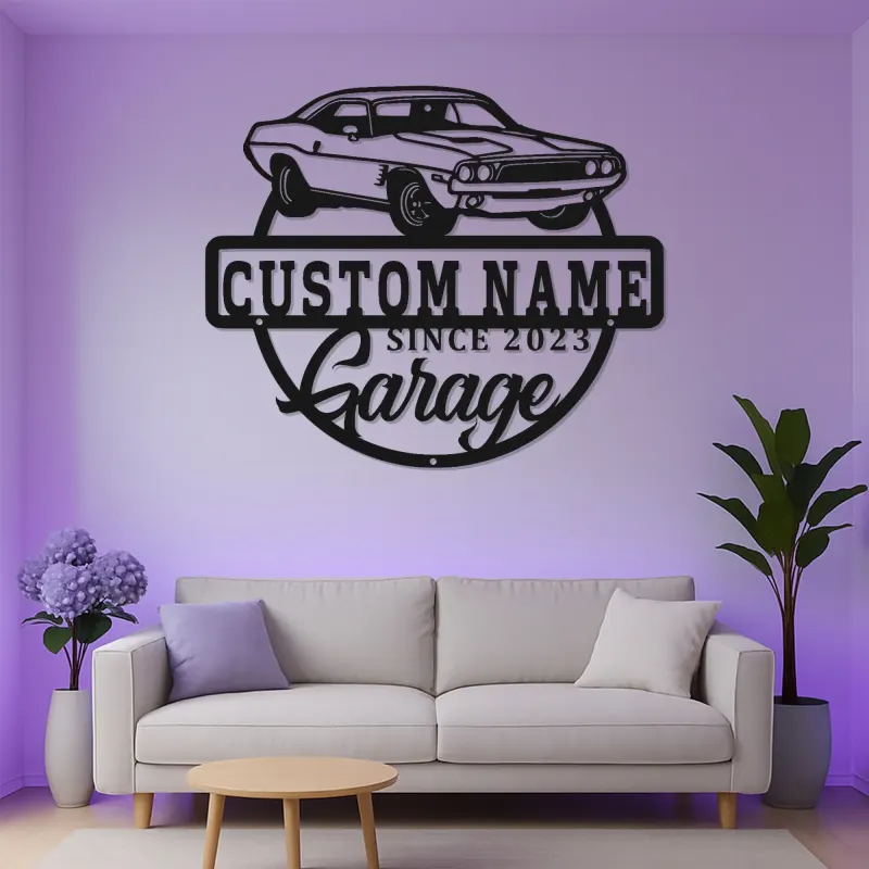 Insegna LED in metallo con muscle car su misura | Arte da parete personalizzata per garage | Arredo vintage per auto | Regalo per appassionati di auto | Arredo industriale per man cave