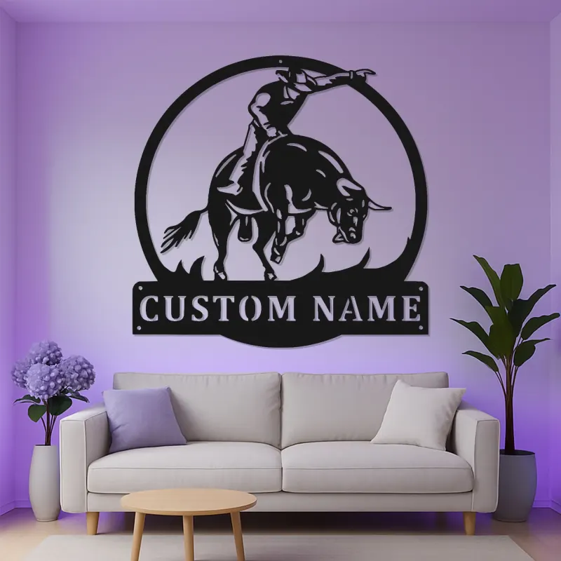 Insegna in metallo personalizzata Rodeo Bull Rider | Arte murale in metallo LED per decorazioni western e ranch | Regalo per cowboy