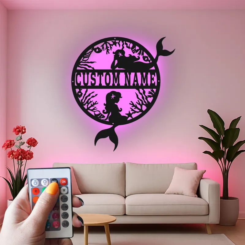 Personalisierte Meerjungfrau LED-Schild | Benutzerdefinierte Metall-Wandkunst | Ozean-Fantasie Kinderzimmerdekoration | Geschenk für Mädchenzimmer