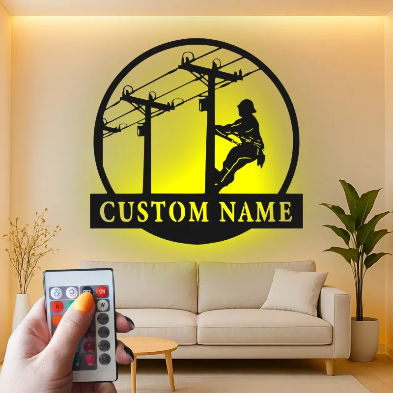 Lineman LED Metal Wall Art | Personalized Electrician Gift | Custom Name Sign for Industrial Decor, Man Cave | RGB Light Up Utility Pole