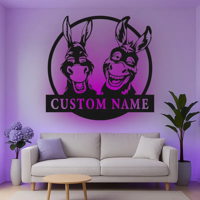 Insegna in metallo personalizzata con duo di asini LED per amanti della fattoria