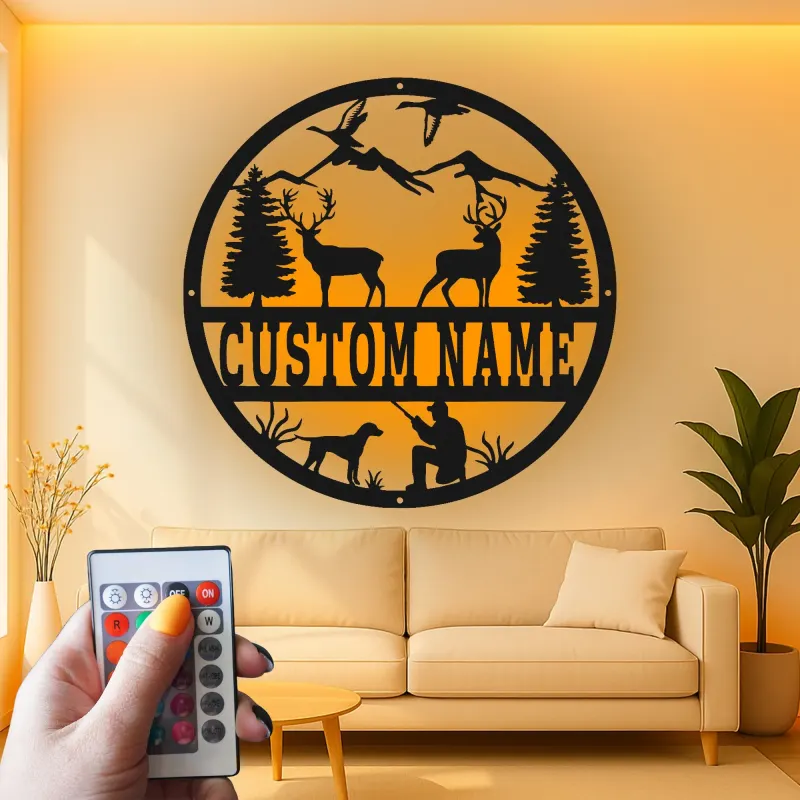 Personalisierte LED-Schild mit Jagdszene | Laser-Cut Metall-Wandkunst | Rustikale Cabin-Dekoration & Man Cave Geschenk