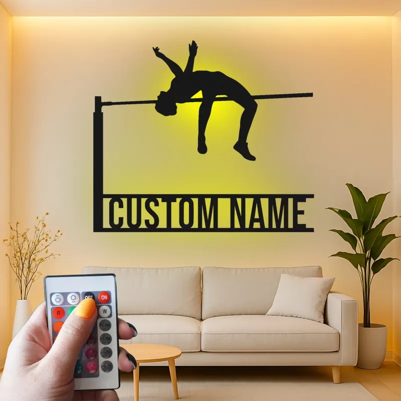 Personalisierte Hochsprung Metall-Wandkunst | Individuelles LED-Schild für Athleten | Geschenk für Leichtathletik-Dekor