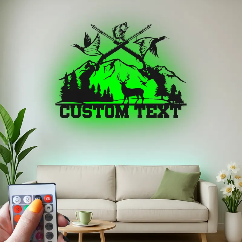 Custom Hunting Scene Metal Wall Art | Personalized LED Sign with Deer & Ducks | Rustic Cabin Decor Gift for Hunter