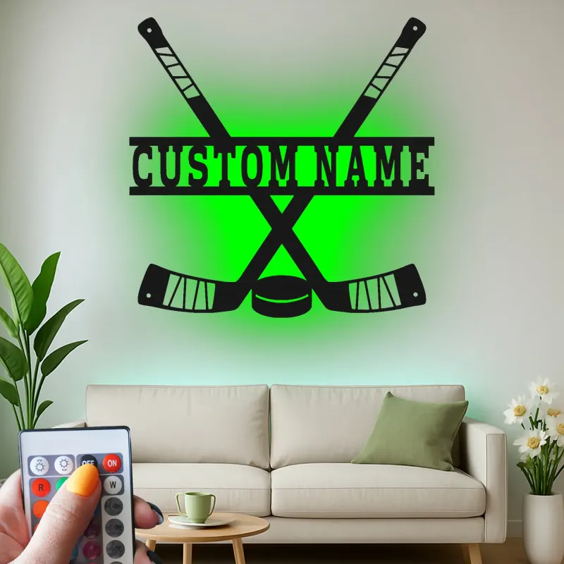 Panneau de hockey personnalisé pour mur | Décoration murale en métal sur mesure | Déco de salle de jeux et cadeau LED pour fan de sport