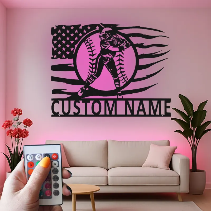 Insegna in metallo personalizzata per giocatore di softball con luce LED regalo per atleti decorazione per stanza sportiva 1