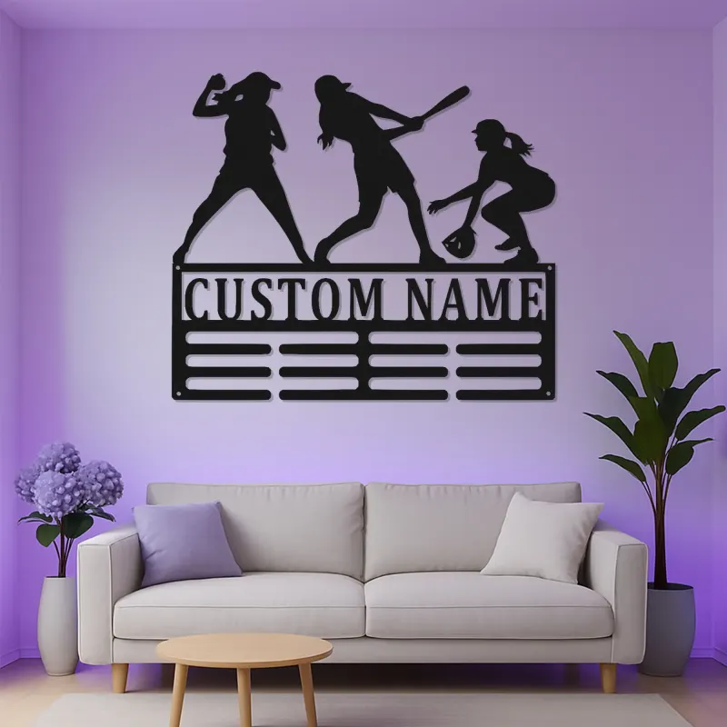 Panneau personnalisé de nom de softball avec LED | Support de médaille en métal sur mesure | Cadeau pour joueur | Décoration de chambre pour filles