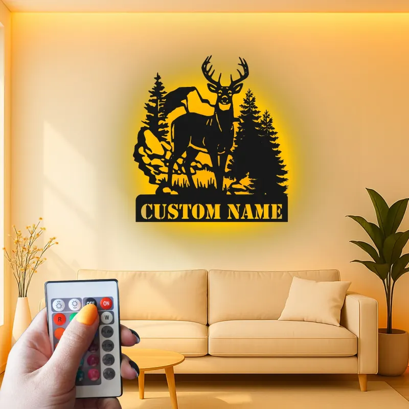 Décoration murale en métal personnalisée avec éclairage LED de forêt de cerfs - Cadeau pour les amoureux de la nature, décoration de chalet ou de pavillon 1