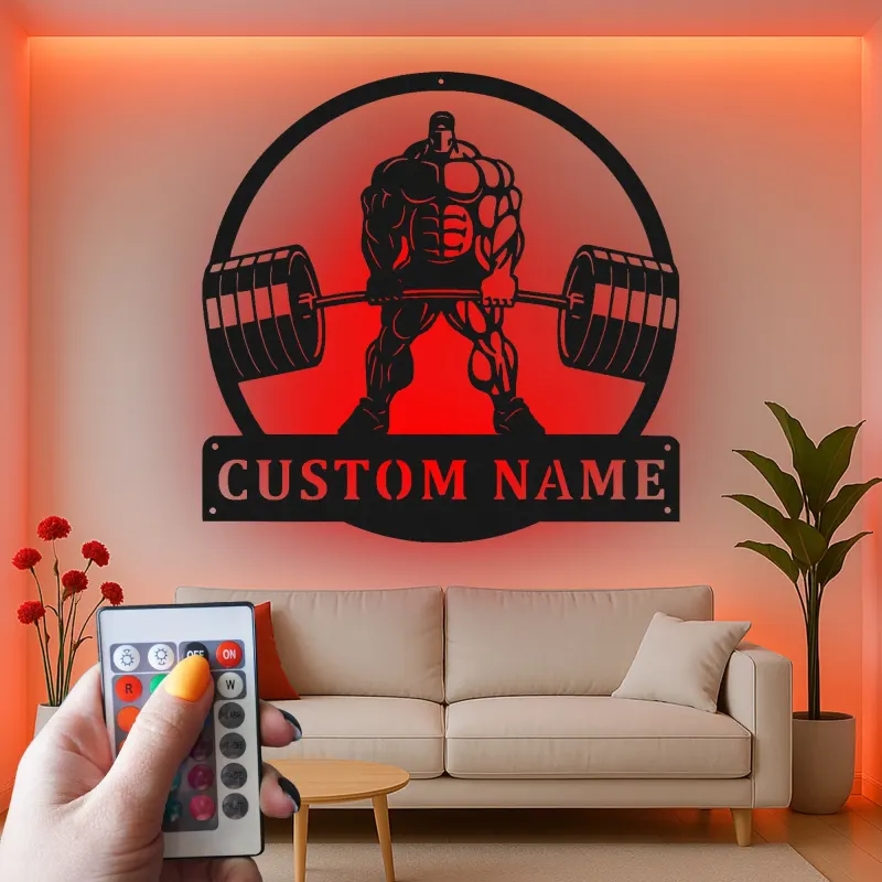Insegna in metallo personalizzata con luce LED Bodybuilder Weightlifting regalo per appassionati di palestra decorazione per palestra