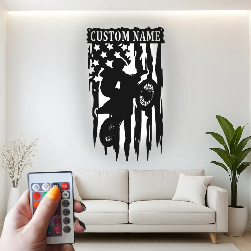 Personalized Motocross Metal Art | LED Dirt Bike American Flag Sign | Custom Name Wall Decor for Teen Boy Bedroom or Garage Gift