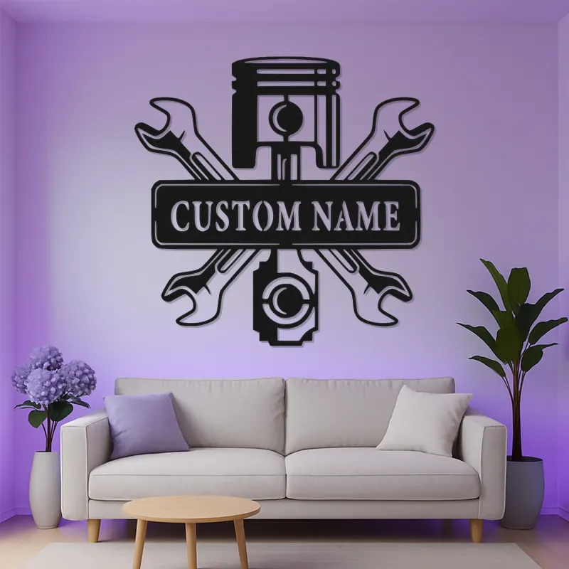 Personalized Mechanic Garage Sign | LED Metal Wall Art with Piston & Wrenches | Custom Automotive Decor for Car Enthusiasts