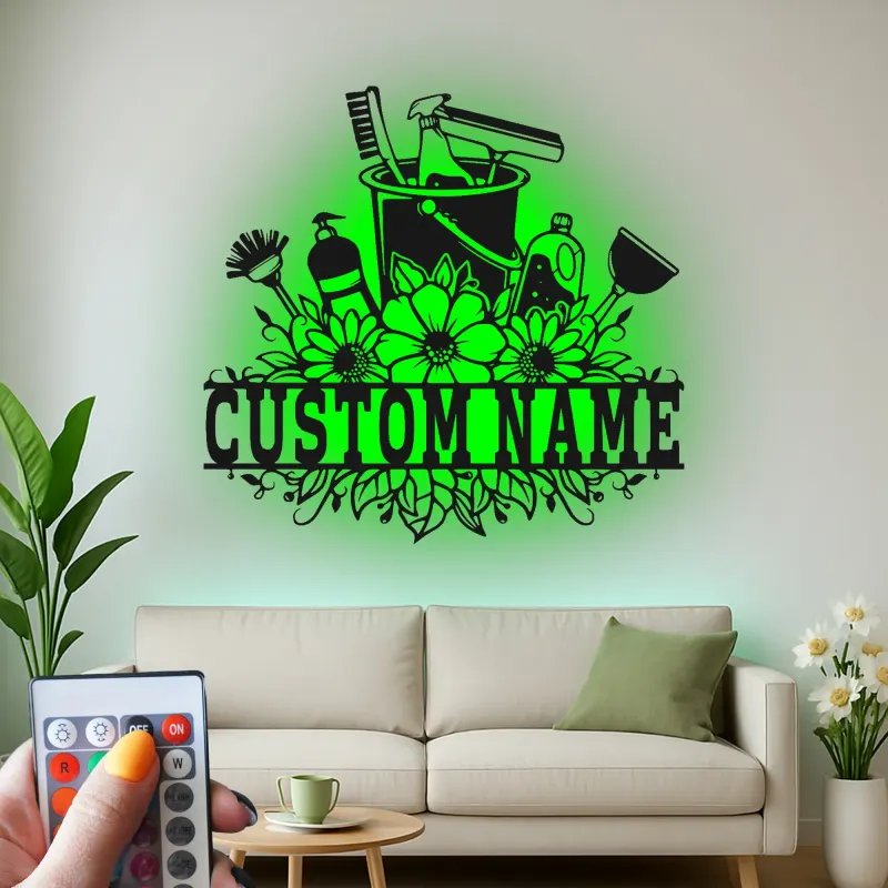 Custom Cleaning Supplies Led Light Metal Wall Art Housewarming Gift for Cleaners Laundry Room Decor