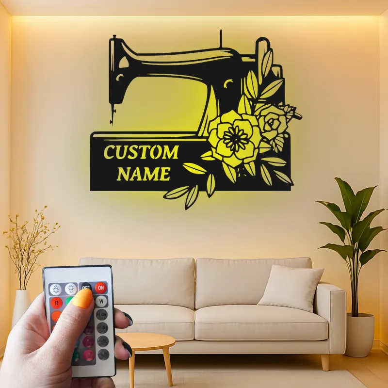Cartel de máquina de coser personalizado | Decoración mural de metal LED personalizada | Decoración para el cuarto de costura