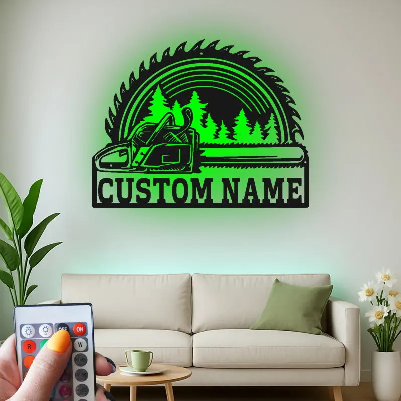 Cartel de metal personalizado de motosierra y hoja de sierra con luz LED regalo para leñador o carpintero decoración de taller