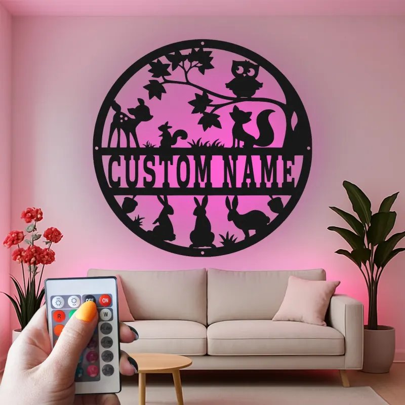 Décoration murale en métal personnalisée avec animaux des bois en rétroéclairage - Cadeau de nursery pour enfants