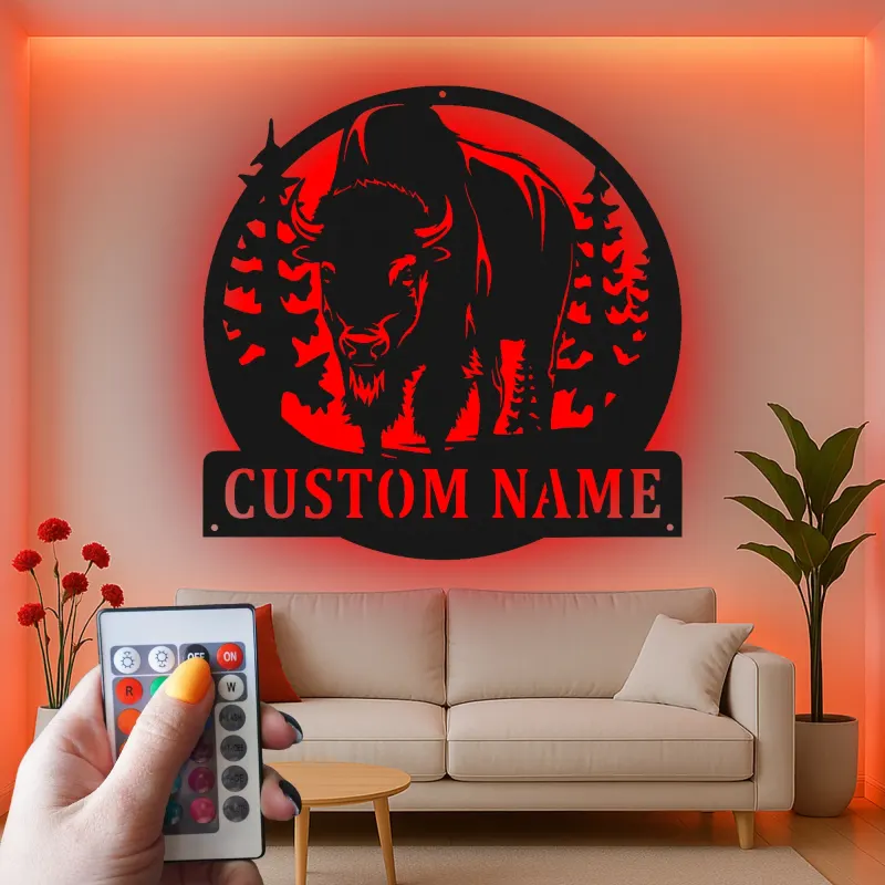 Décoration murale en métal LED personnalisée Bison Cadeau faunique pour les amoureux de la nature Décor de chalet rustique