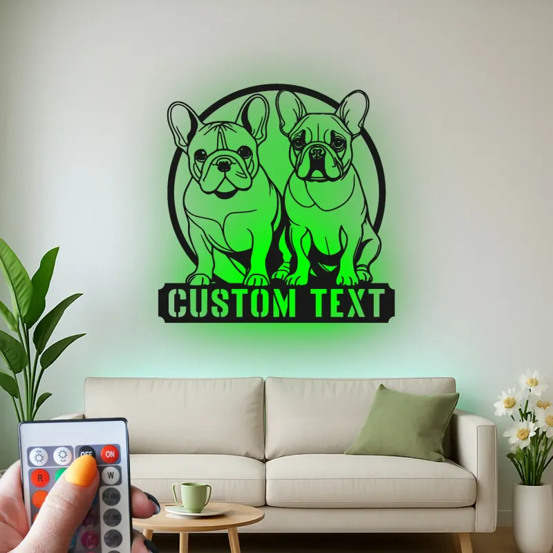 Cartel LED de bulldog francés | Decoración mural de metal personalizada | Regalo para amantes de los perros | Placa con nombre para la pared