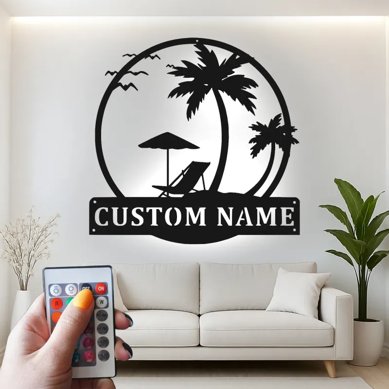 Custom Beach Scene Led Light Metal Wall Art Personalized Tropical Gift for Couples Bedroom or Patio Decor