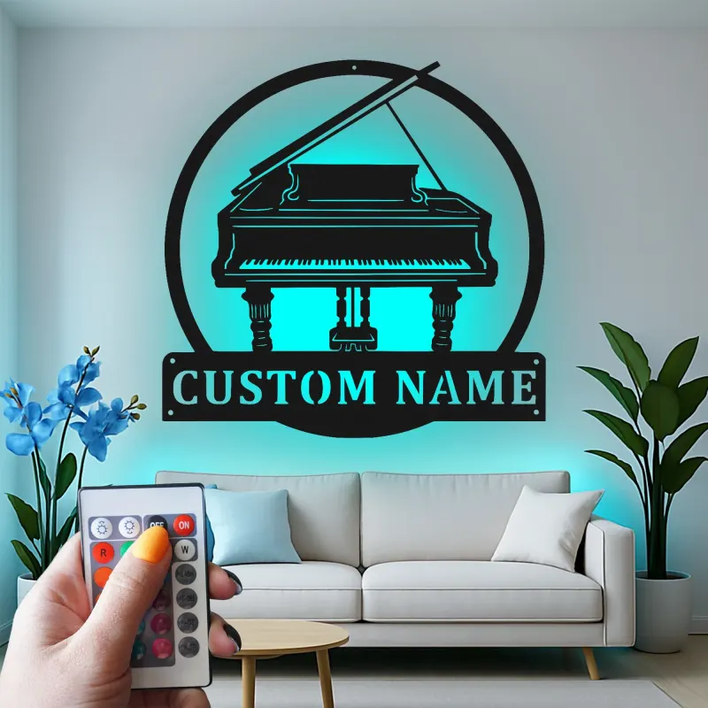 Grand Piano LED Wall Art | Custom Metal Name Sign | Personalized Musician Gift & Studio Decor