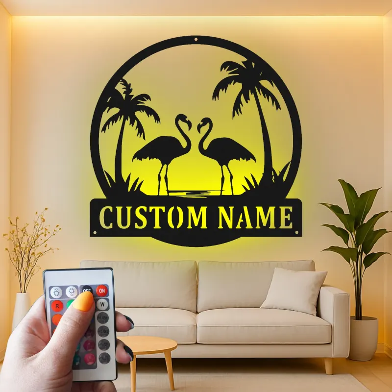 Arte mural de metal LED de flamenco | Cartel tropical personalizado | Decoración de casa de playa | Placa de nombre personalizada para hogares costeros