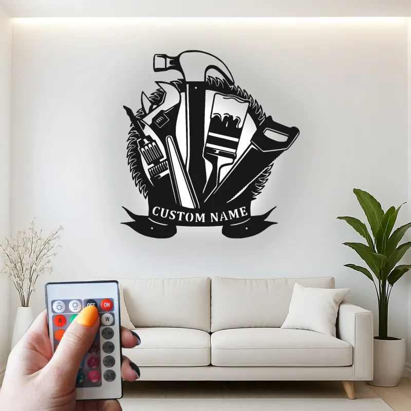 Cartel de metal personalizado con luz LED de juego de herramientas para regalo de manitas, decoración de garaje o taller 3