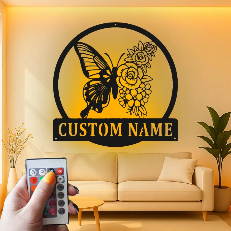 Décoration murale en métal personnalisée Papillon et Fleurs avec Rétroéclairage LED Cadeau pour Amateurs de Jardin Décor de Chambre ou de Patio