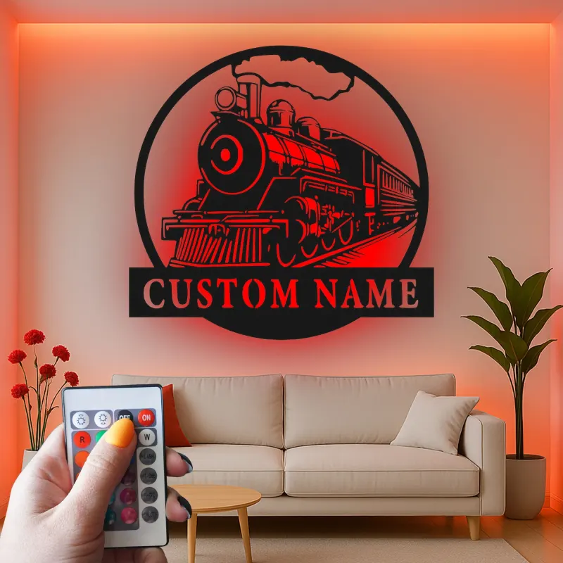 Décoration murale en métal personnalisée de train à vapeur avec rétroéclairage LED - Cadeau pour passionnés de trains, décoration pour man cave ou bureau