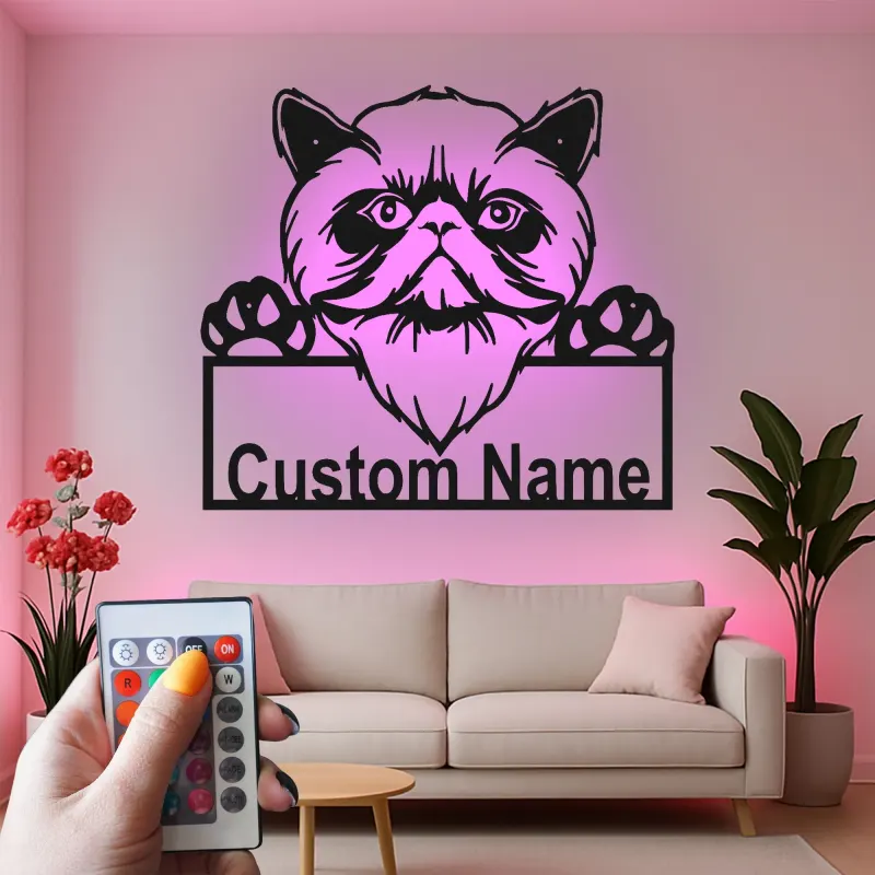 Décoration murale en métal personnalisée avec lumière LED pour chat persan - Cadeau unique pour les amoureux des chats