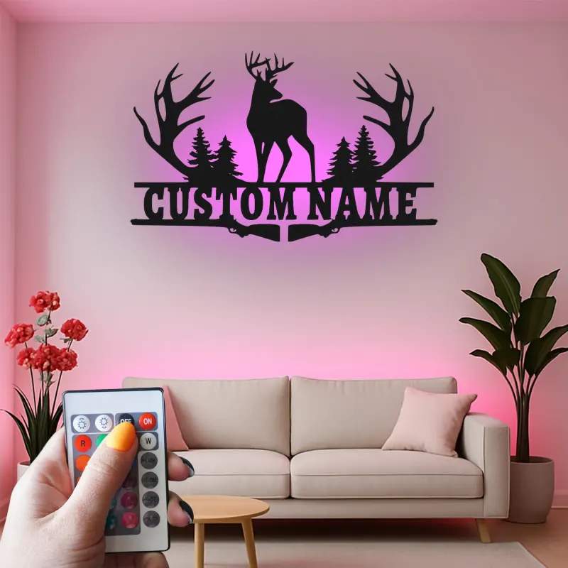 Personalisierte LED-Metall-Wandkunst mit Hirschgeweih – Geschenk für Jäger, rustikale Hüttendeko