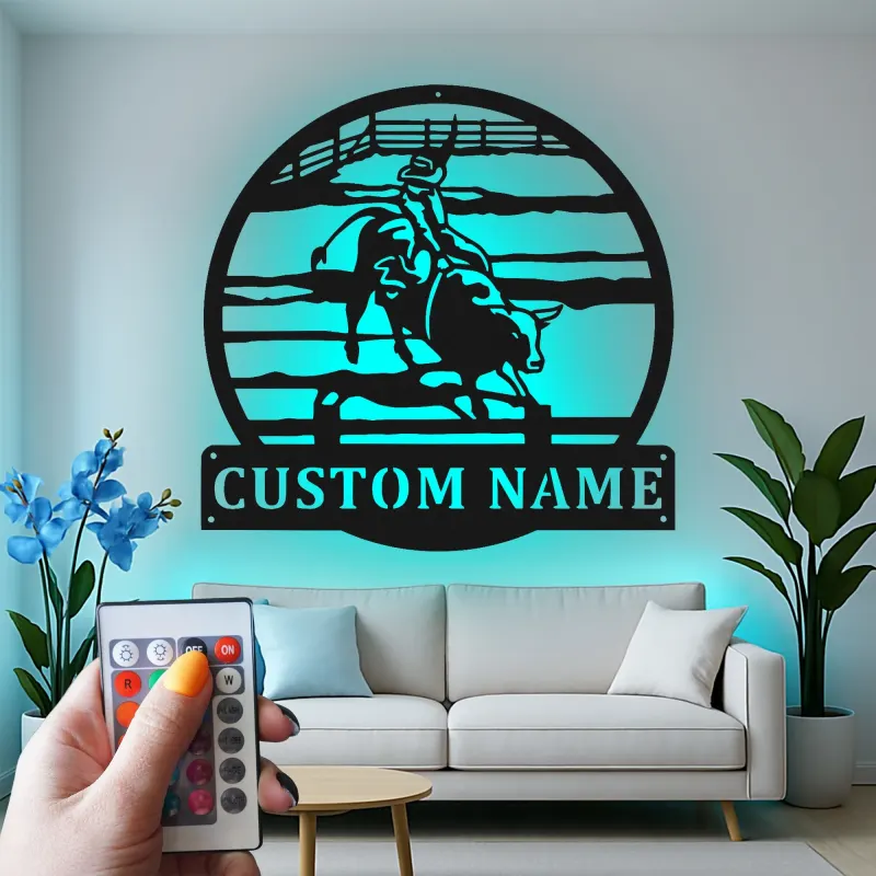Arte de metal de jinete de toro de rodeo | Cartel LED de vaquero personalizado | Decoración y regalo de rancho western personalizado