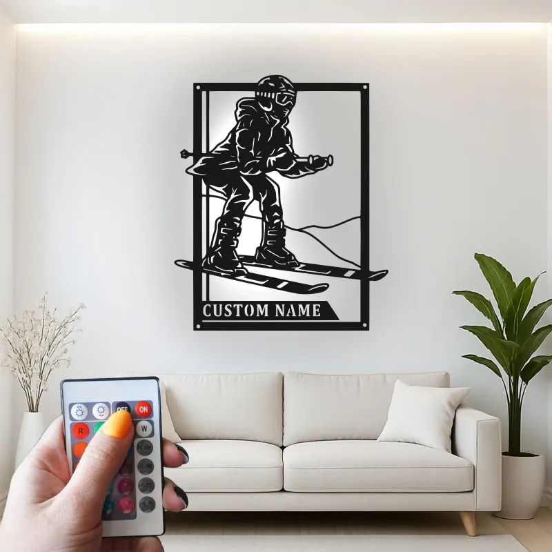 Custom Alpine Skier LED Metal Wall Art | Personalized Ski Decor | Winter Sports Gift | Modern Cabin Sign