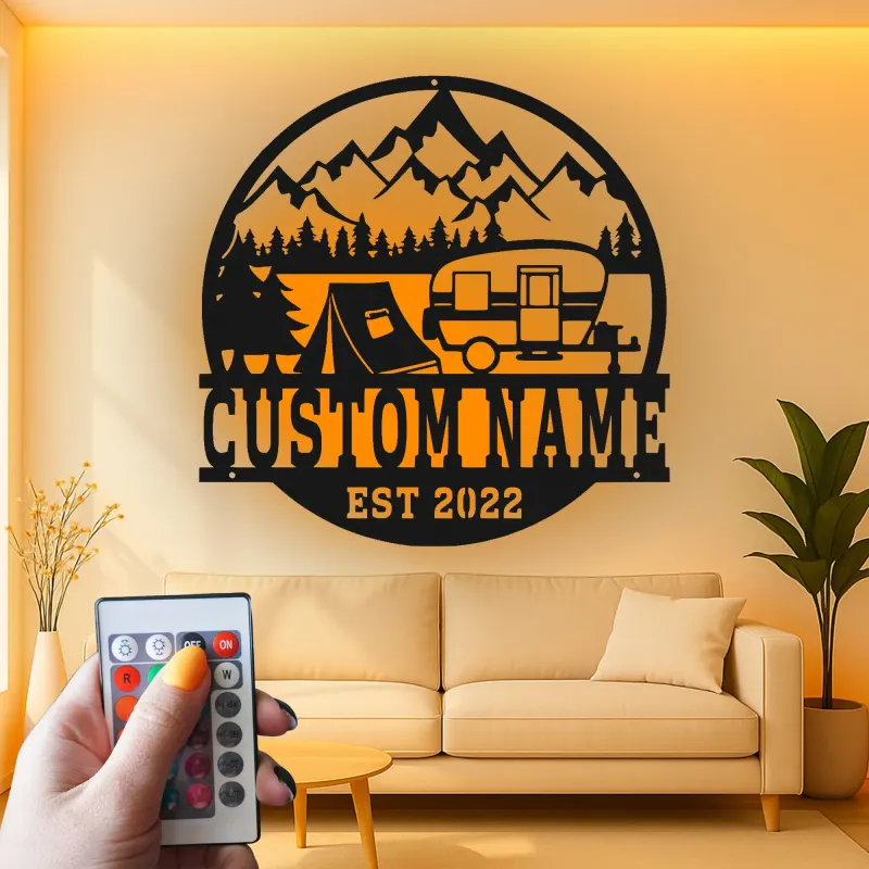 Cartel de metal LED con camper y tienda personalizado, regalo de aventura al aire libre para decoración de cabaña o RV